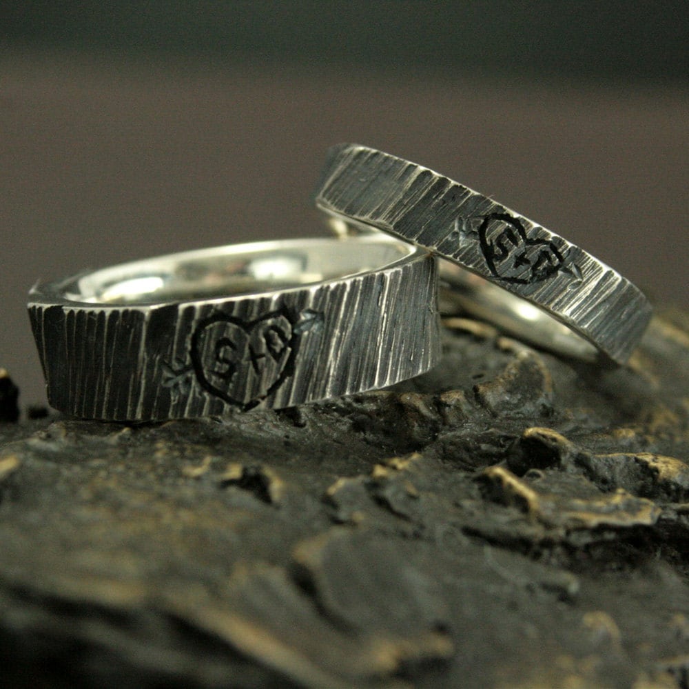 Personalized Wedding Rings4 Ever Sweethearts SetCustom Tree Bark RingsInitials Carved Into A Ring SetSilver Bands