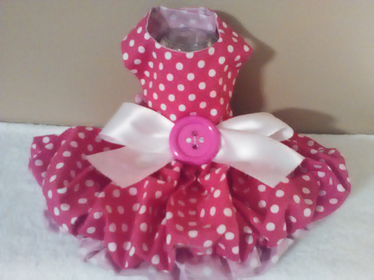 Beautiful Dark Pink & White Polka Dot Doggie Bubble Dress W/Hair Bow