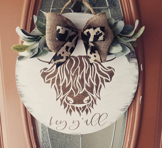Cowhead Door Hanger, Highland Cow, Cow Front Sign, Farmhouse Hanger