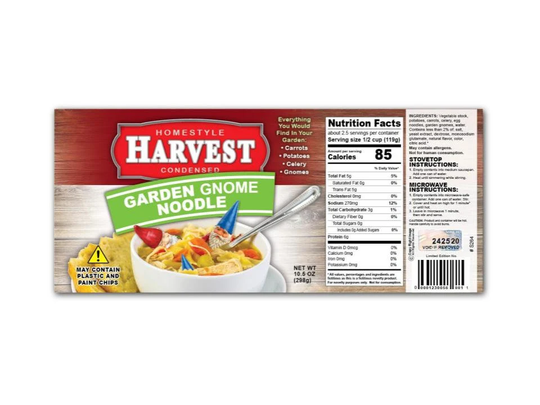 2 Garden Gnome Noodle Soup Can Labels - Gag Gift Stocking Stuffer Christmas Birthday Present Joke Prank Gardener Gardening Decor Plant