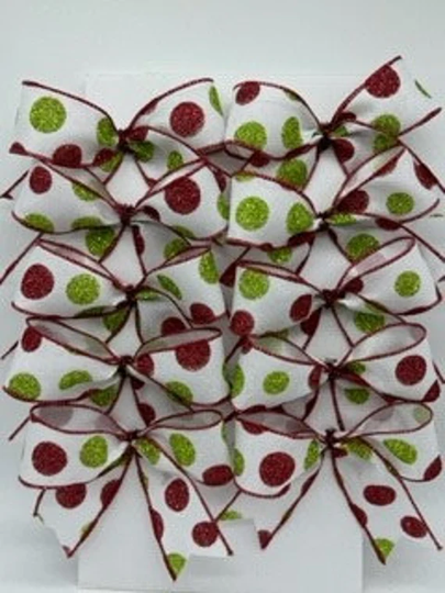 Christmas Decorative Red White Green Glitter Dot Bows/ Set 10 Treat Bag Tree Craft Bows