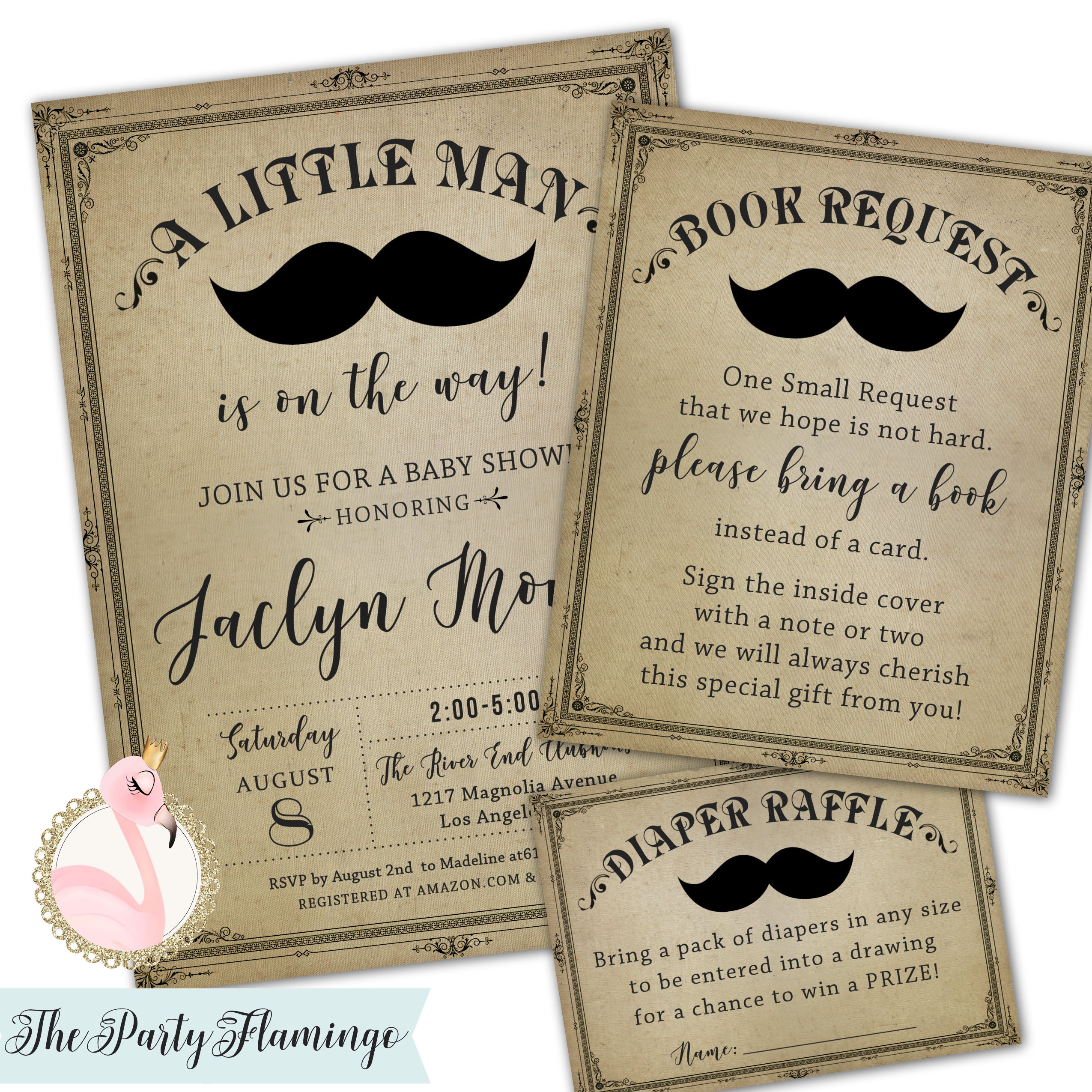 A Little Man Baby Shower Invitations, Mustache Themed Shower, Bring A Book Inserts, Diaper Raffle Printable, Kraft Invite
