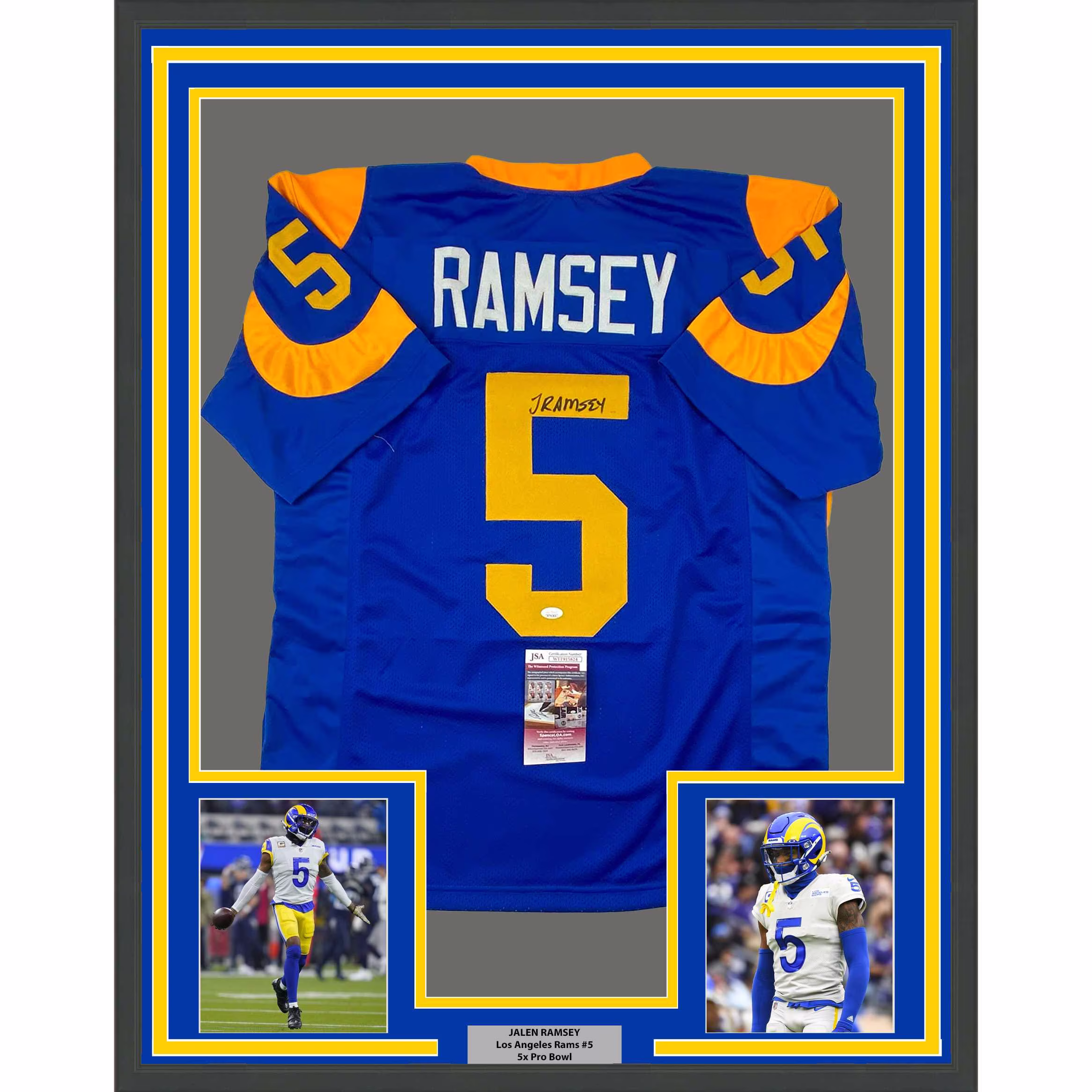 Framed Autographed/Signed Jalen Ramsey 33x42 Los Angeles La Retro Blue Football Jersey Jsa Coa