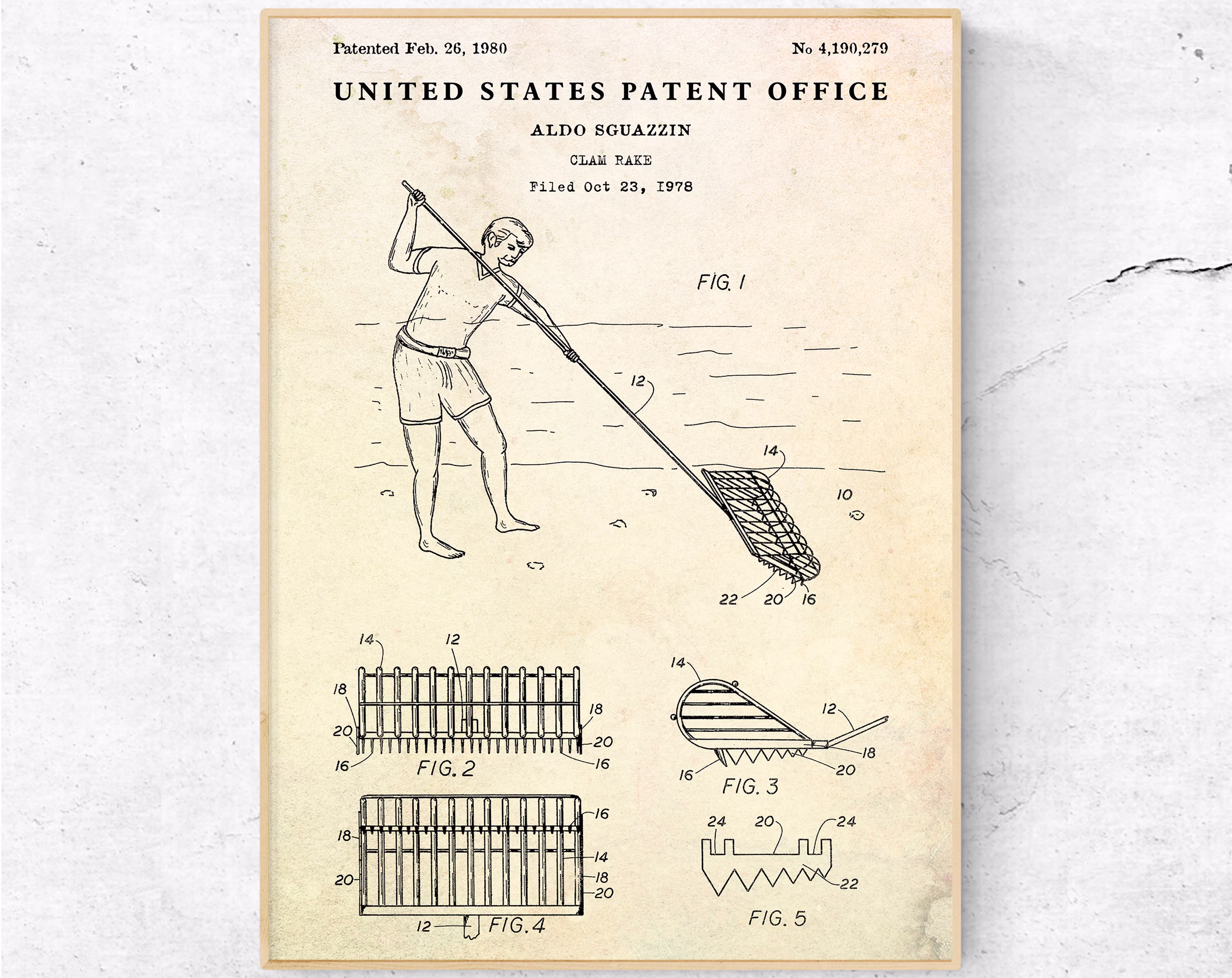 Fishing Decor Clam Rake Patent Print. Blueprint Poster. Beach House Coastal Wall Art, Fisherman Gift
