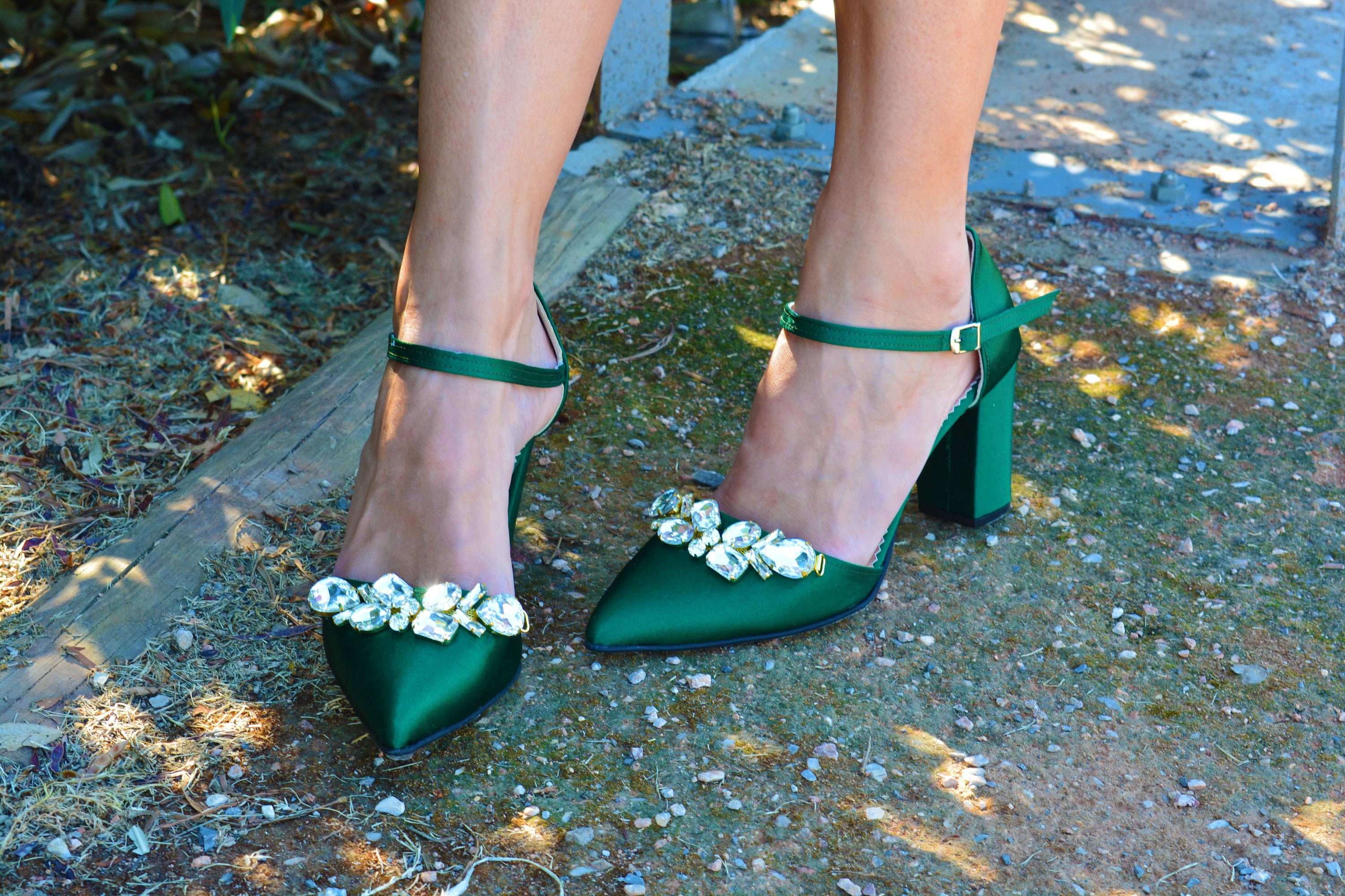 Emerald Green Wedding Shoes, Block Heel Shoes, Crystal Bridal Satin Heels, Handmade Shoes "'elinor''
