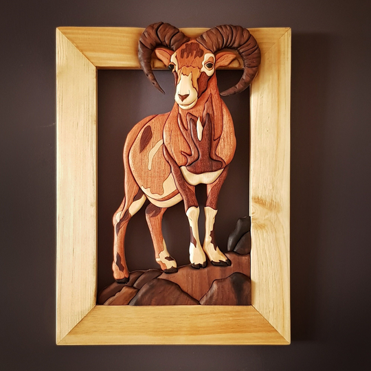 Goat Figurine Wall Hangings, Wooden Intarsia House Warming Animal Picture Home Decor, Ram Figurine, Head, Frame, Gift For Hunter
