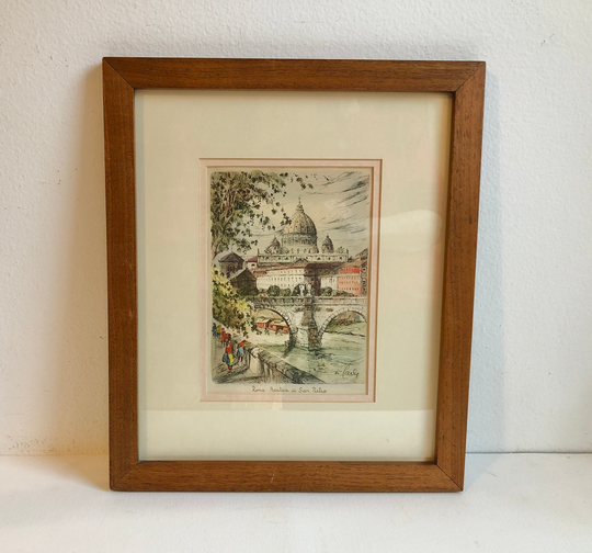 Vintage Hand Tinted Lithograph Of Rome, St. Peter's Basilica, Street Scene, Souvenir Italy, Italian Art, Roma