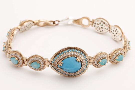 Authentic Style Turkish Handmade Jewelry Drop Shape Turquoise & Round Cut White Topaz 925 Sterling Silver Tennis Bracelet