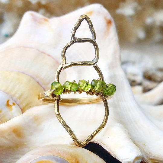 Seashell Ring Peridot Statement Brass Sterling Silver August Birthstone Nautical Jewelry