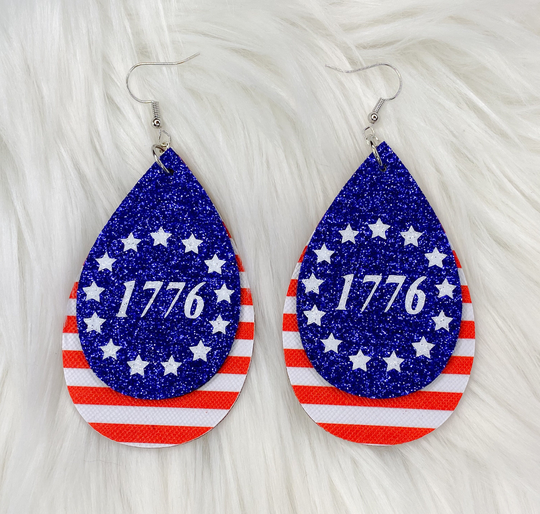 Double Layer American Flag 1776 Faux Leather Earrings Flag 4Th Of July Patriotic Independence Day