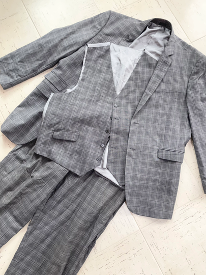 3Pc Set Vintage 90S Men's Stacy Adams Gray Plaid Vest Suit Sport Coat 48R Slacks Cuffed Pants 42 X 31
