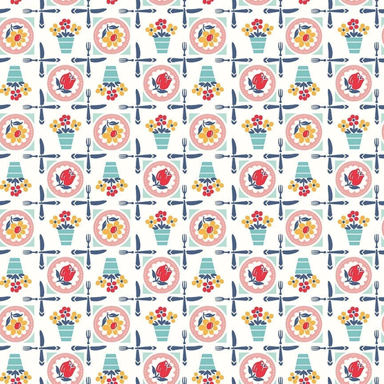 Lori Holt Cook Book Fabric By Riley Blake - White & Blue "Luncheon" Kitchen The 1/2 Yard Or Fat Quarter