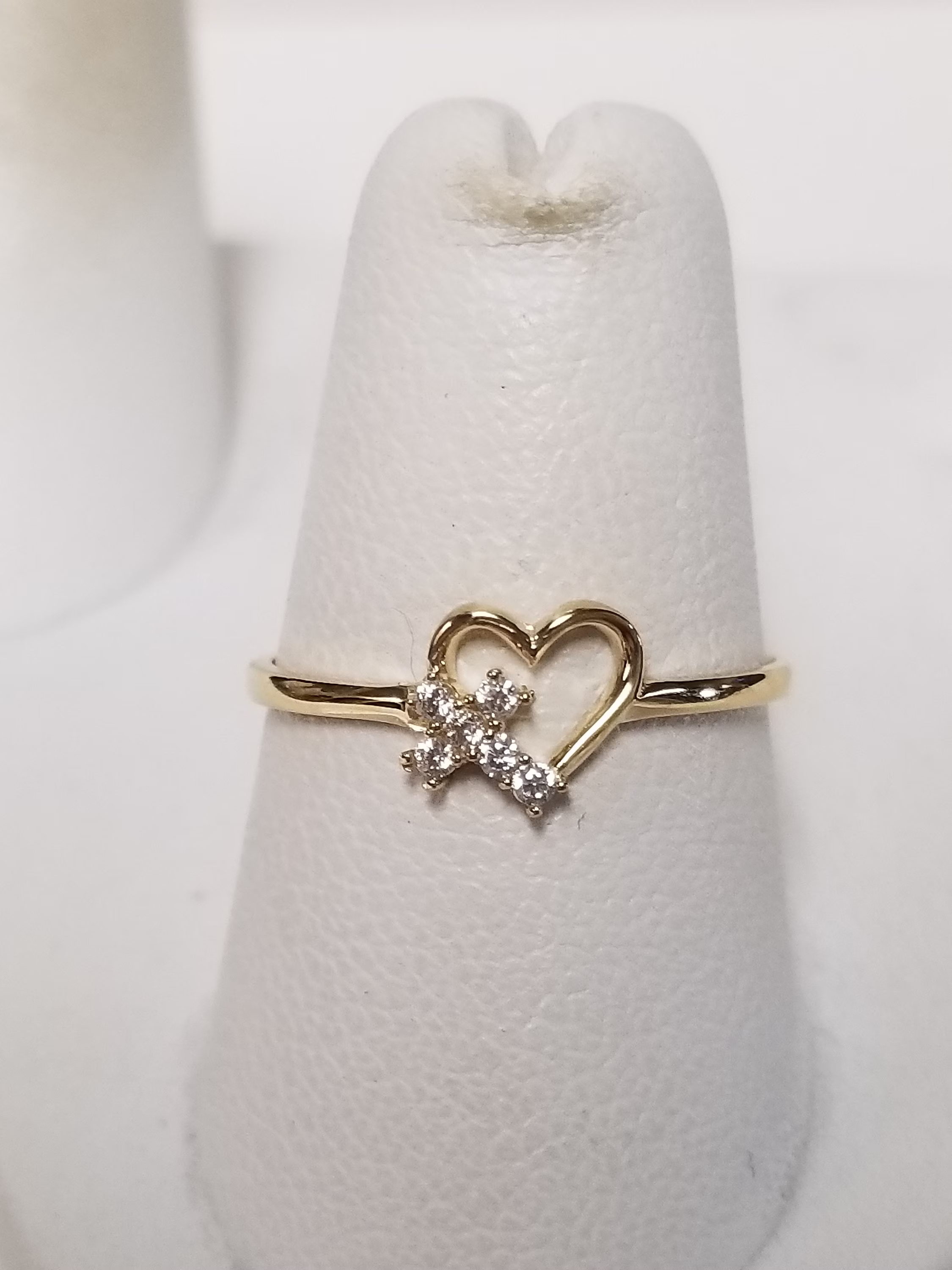 Size 7 Estate 10K Yellow Gold Heart Cz .05Ct Diamond Cross Ring Sweetheart Baptism Band G430
