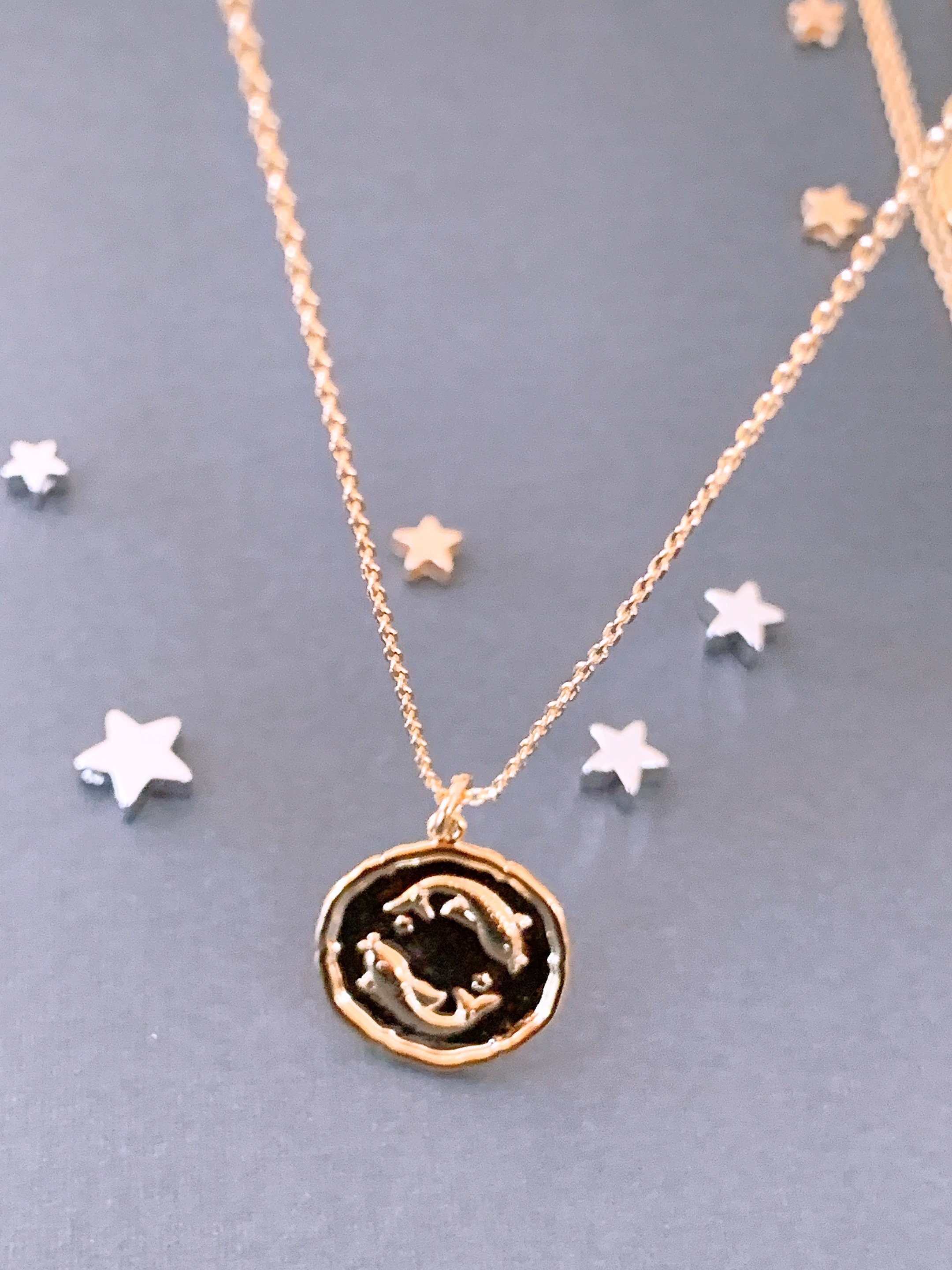 Zodiac Coin Medallion Necklace- Pisces Necklace - Astrology Sign- Gold Star Jewelry- Vintage Constellations Birthday Gifts