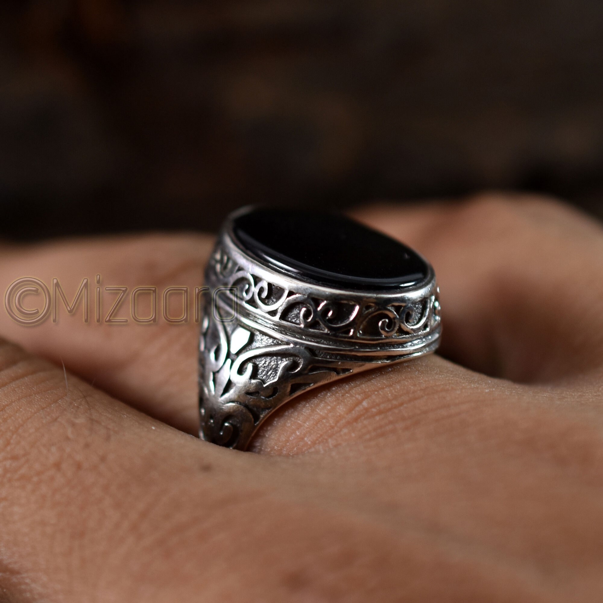 Black Onyx Men's Ring 925 Sterling Silver Natural Gemstone Handcrafted Signet Arabic Islamic Husband Gift