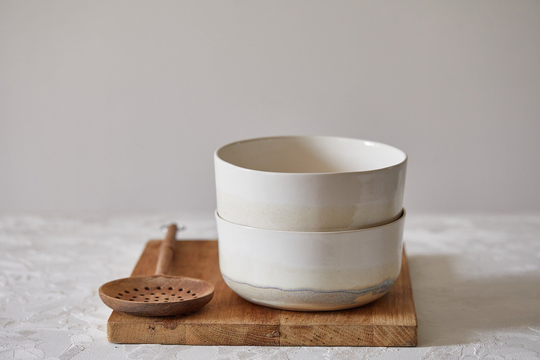 Two Ceramic Noodles Bowl, Ramen Pottery Serving Japanese Asian Style, Salad Nesting White & Stoney Dinnerware Set
