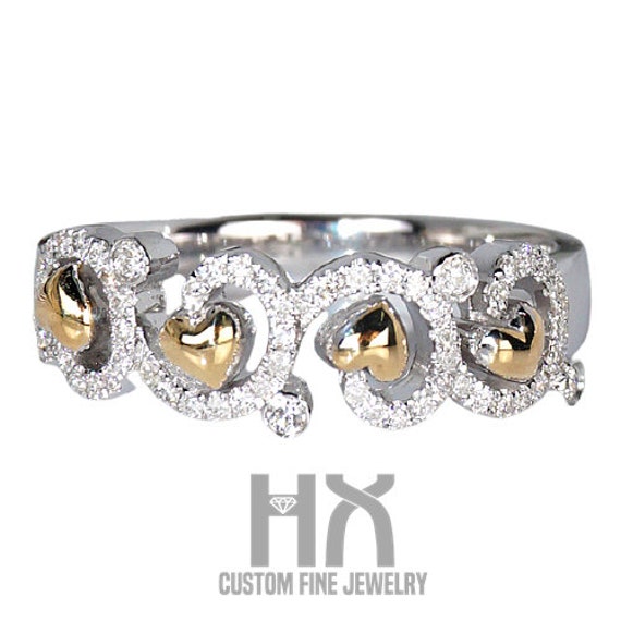 Diamond Hearts Ring in 18K 2-Tone Gold/Nature Inspired Ring/Custom Jewelry/Valentine's Day Gift/Gift For Women & Girls