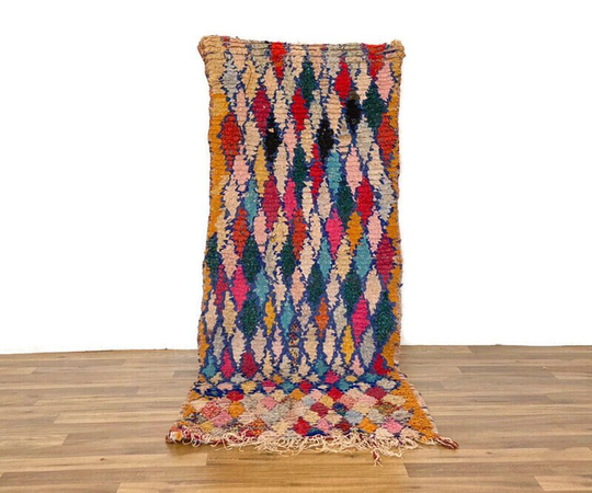 Boucherouite Carpet Handmade Runner Diamond Chaggy Hallway Vintage Multicolor 190x74 cm