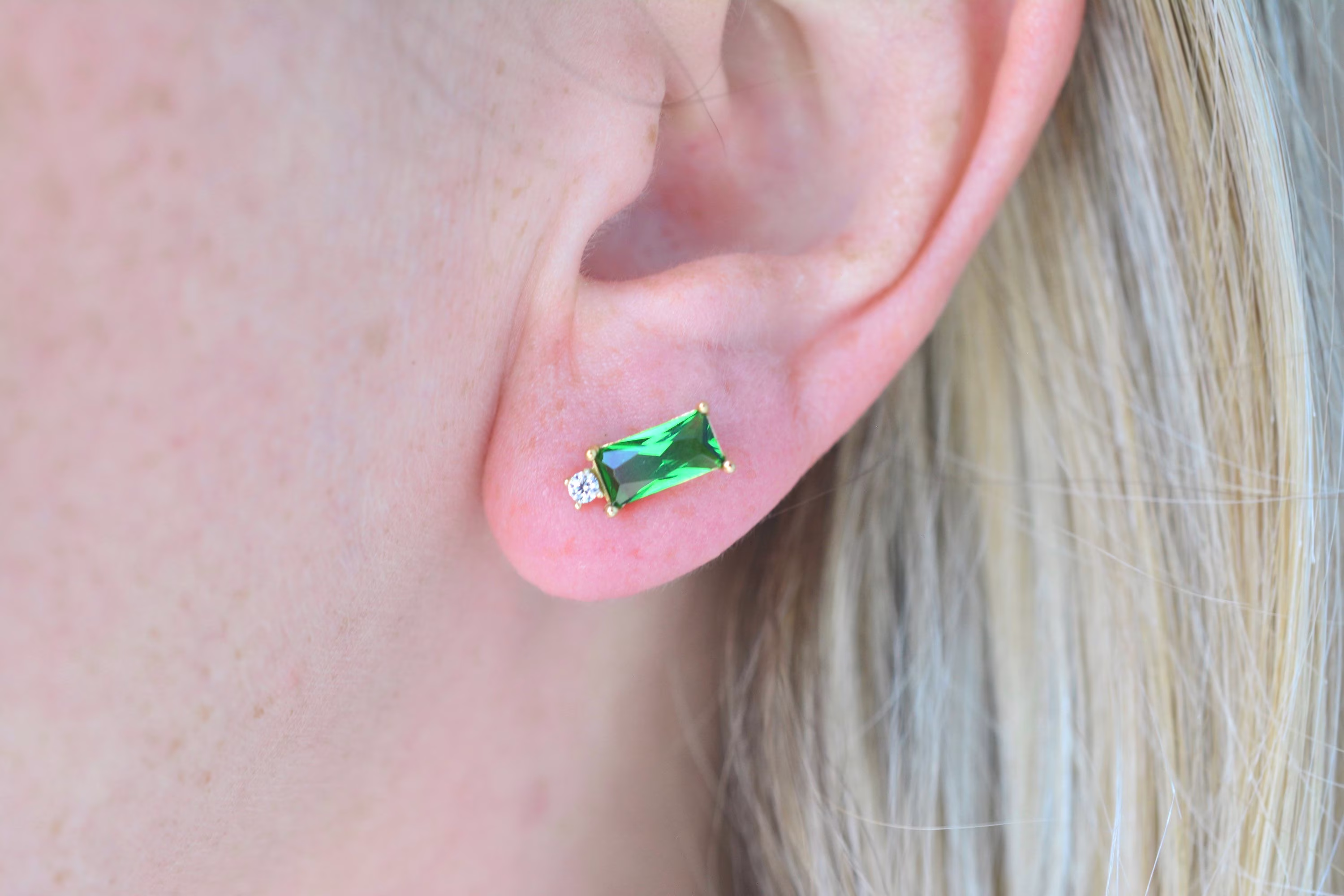 Baguette Earrings| Emerald Gold Studs| Emerald Baguette Green Earrings