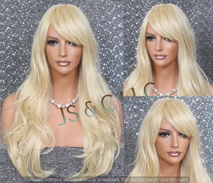 Bleach Blonde Stunning Human Hair Blend Wig Long Layered Wavy Full Heat Resistant N Bangs Cancer/Alopecia/Cosplay/Anime