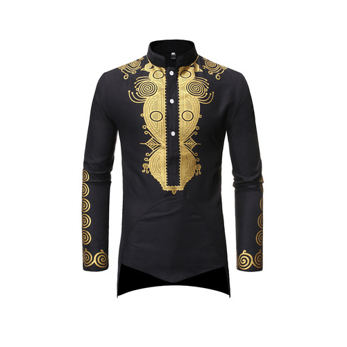 Men's Shirt Print Cotton Blended Bronzing Stand Collar Single Breasted Mid-Length Fit Casual Middle Eastern Style Shirt - black, xxxl