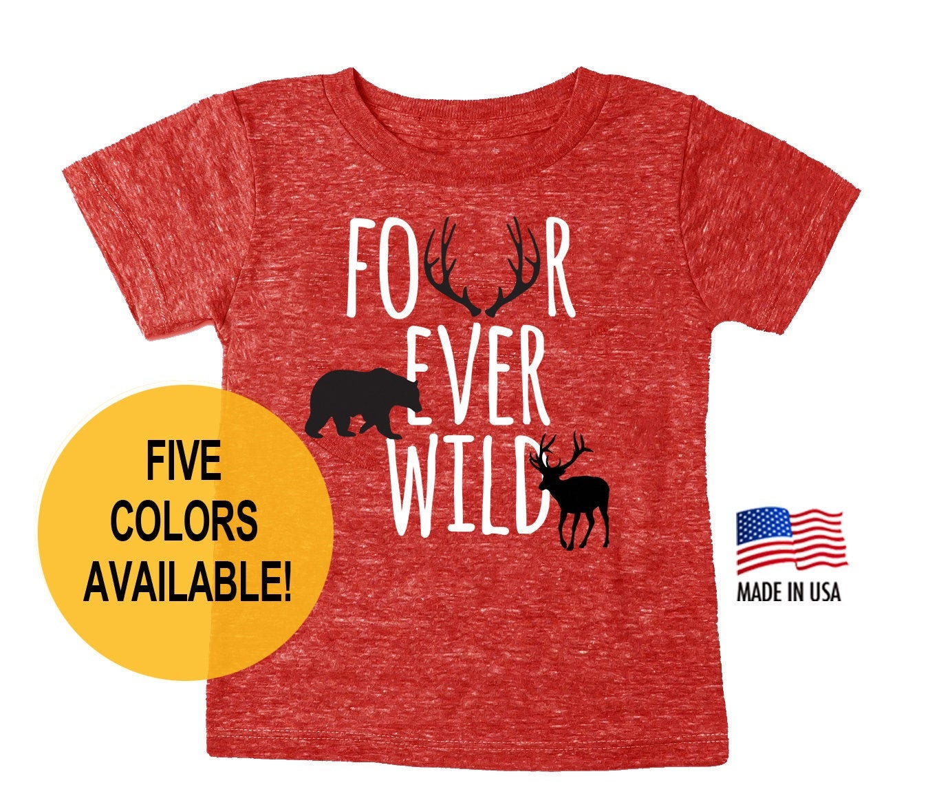 Tri Blend Toddler "Four Ever Wild' Fourth Birthday T-Shirt - Boy & Girl Tee Twins Triplets Gift