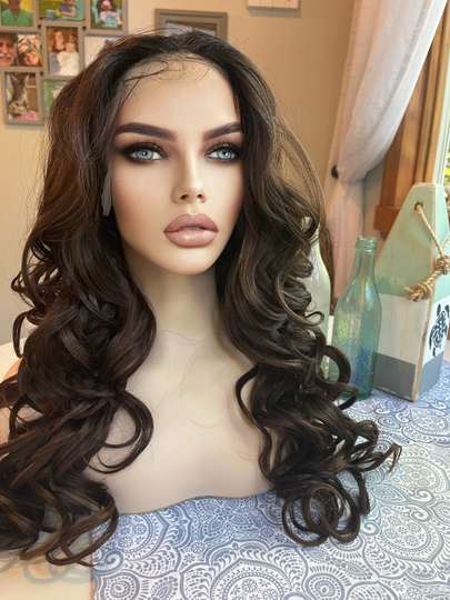 Paris Full Density Long Wig Human Blend Lace Front Mixed Brown Highlights Ombre Hand Tied Parting Hd