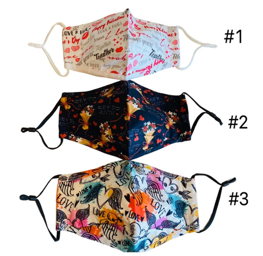 Valentine Face Masks, 3 Layer Masks, Styles, Pocket For Filter, 1 Filter Included, Nose Wire, Adjustable Ear Loops, Adult Size