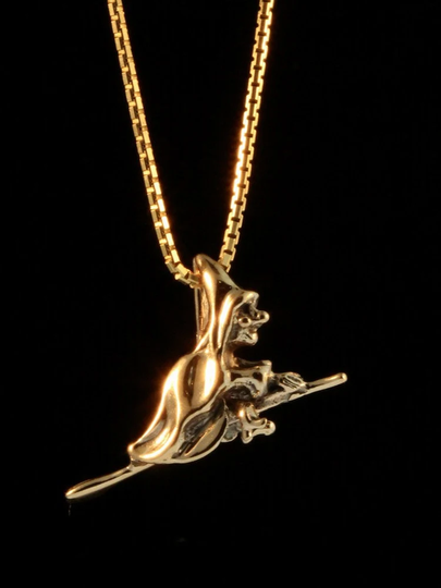 Gold Witch Necklace Charm Solid 14K Halloween Jewelry On Broomstick