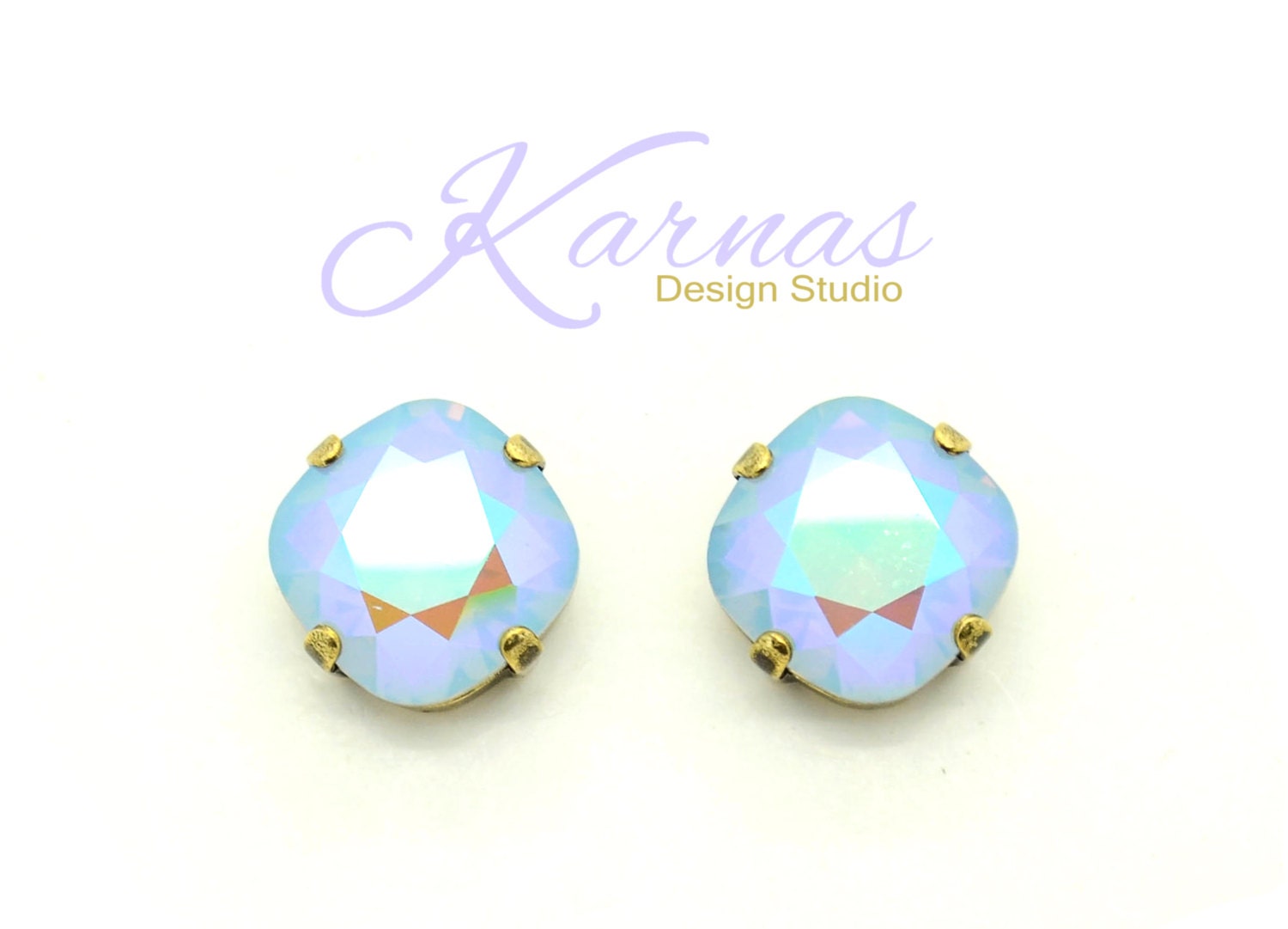 Blue Opal Twist 12mm Cushion Cut Stud Or Drop Earrings K.d.s. Premium Crystal Choose Your Finish Karnas Design Studio Free Shipping