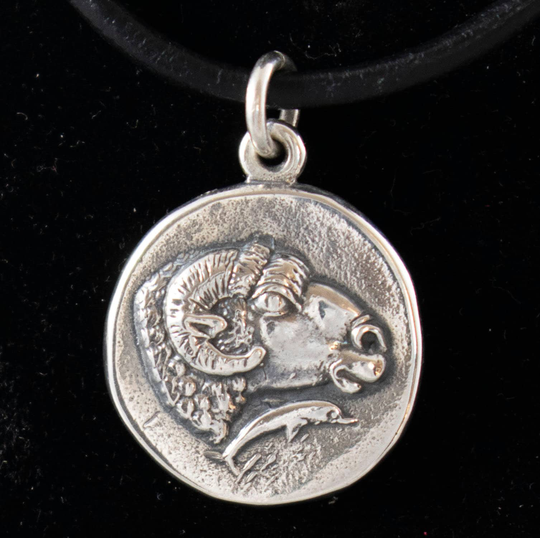 Ram Head-Delphi Silver Pendant Like Ancient Greek Coin-Phocis, Delphi-Reverse, Goat's Head Facing Between Two Dolphins
