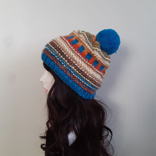 Knit Wool Blend Beanie With Pompom, Colorful Beanie, Pom Beane, Unisex Beret, Handknit Winter Hat