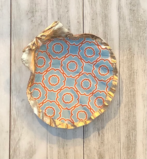 Scallop Shell Ring Dish, Decoupage Trinket Dish With Geometric Pattern, Orange & Blue Coastal