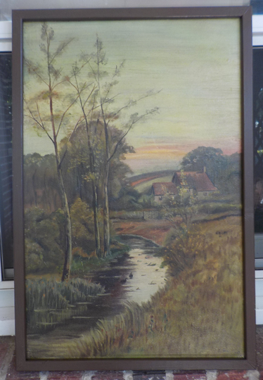 Vintage Art Deco Peaceful Country Landscape Cottage Stream Oil Painting Framed C1927