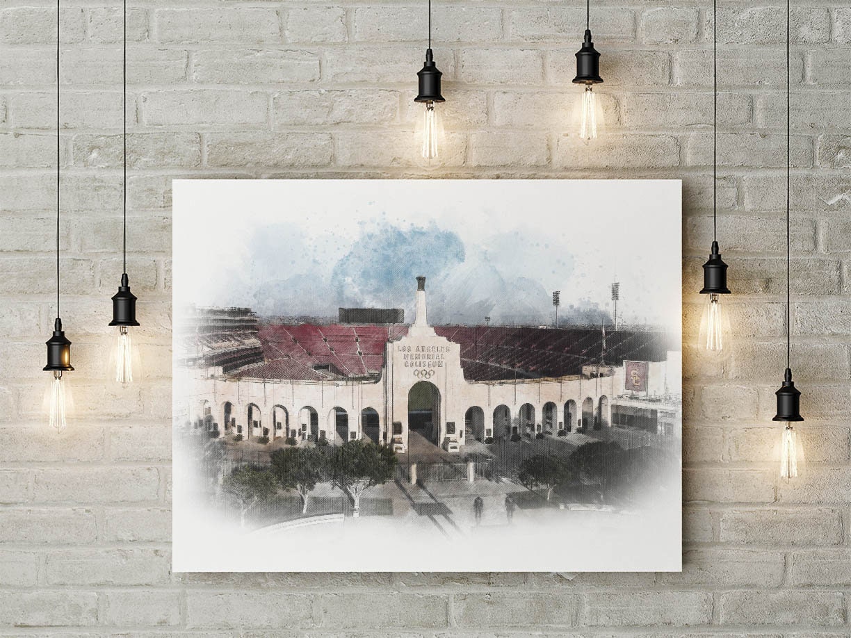 La Memorial Coliseum Drawing, Sketch, Watercolor Poster - Canvas Print, Sports Art Man Cave Gift, Wall Decor, Tribute, Usc Trojans