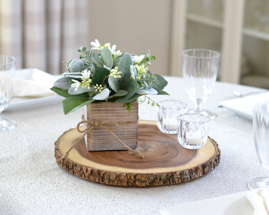 Farmouse Centerpiece, Faux Eucalyptus, Lambs Ear, & White Flower Arrangement in A Wooden Box