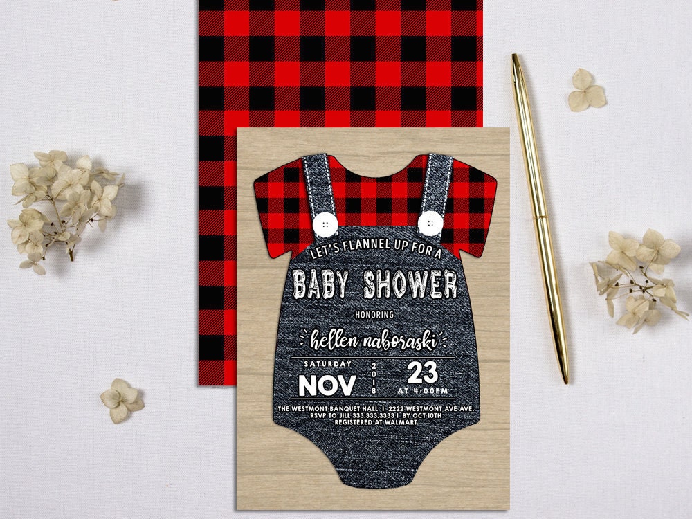 Lumberjack Baby Shower Invitation, Plaid Rustic Invitation, Onesie Invitation, Woodland Shower, Printable Lumberjack Invitation