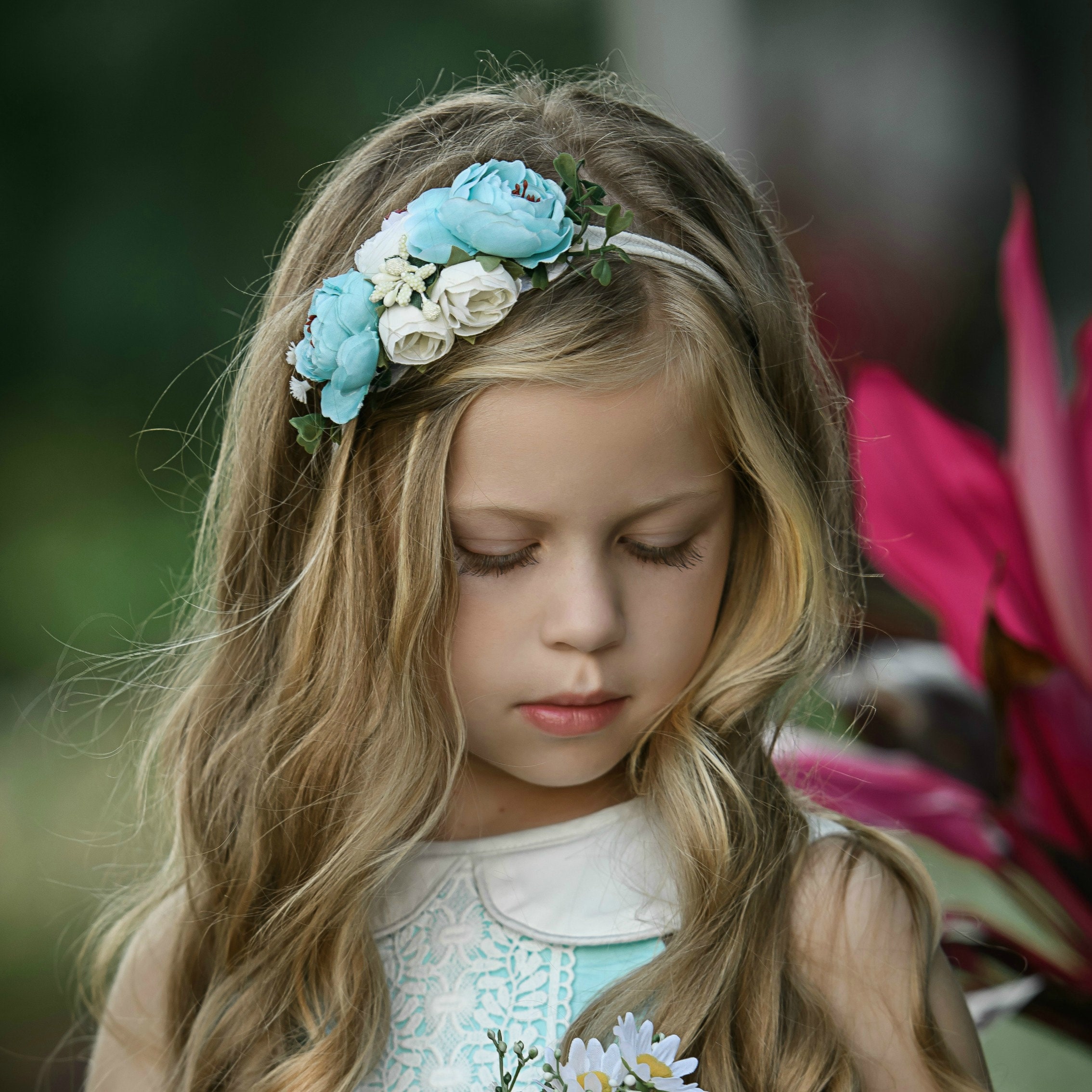 Baby Headbands, Baby Girl Headband, Floral Nylon Flower Crown Headbands, Newborn Infant Headband, Hair Bows Blue
