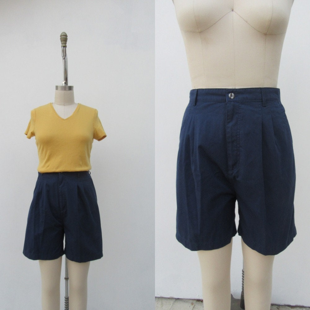 1990S High Waist Navy Blue Cotton Blend Shorts | 90S Mom Pleated 29