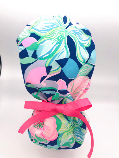 Ponytail Scrub Cap, Surgical Cap With Buttons, For Women, Floral