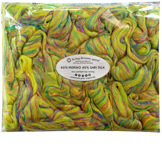 Merino Sari Blend 4Oz Wool & Silk Roving Fiber Soft Combed Top, Hand Spinning, Drop Spindle, Needle Wet Nuno Felting. Dakini