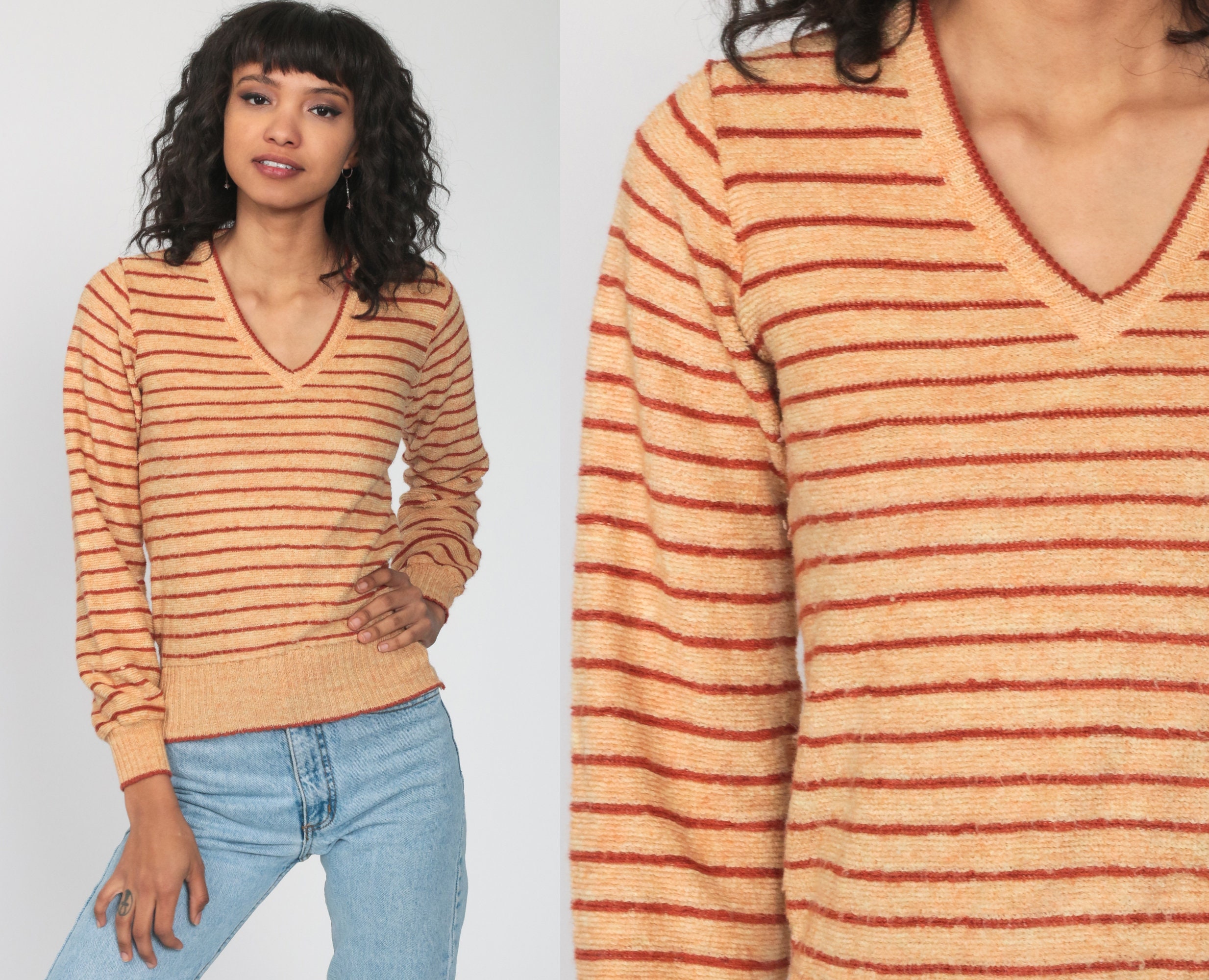 70S Striped Sweater Tan Wool Blend Knit Slouchy V Neck Pullover Jumper 1970S Vintage Retro Brown Extra Small Xs