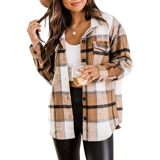 Womens Flannel Shacket Jacket Casual Plaid Wool Blend Button Down Long Sleeve Shirt Fall Clothes Outfits 2022 - apricot, medium