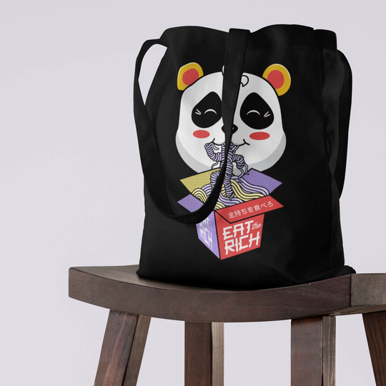 Panda Ramen Tote Bag, "Eat The Rich" Kawaii Style Shopping Tote, Japanese Unisex Edgy Shoulder Bag For Her