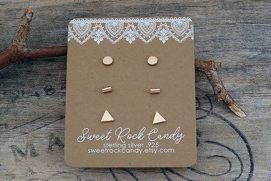 Tiny Rose Gold Vermeil Minimalist Stud Earring Set | 3 Pair Dot, Triangle & Bar Multiple Piercing Gift Boxed S9R