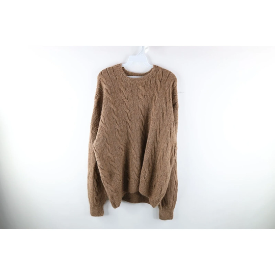 70S Rockabilly Mens L Mohair Wool Blend Cable Knit Crewneck Sweater Brown, Sweater