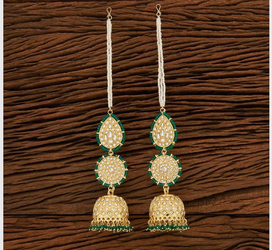 Green Kundan Jhumka With Hair Chain/Bollywood Jewelry/Jhumki/Pakistani Earrings/Punjabi