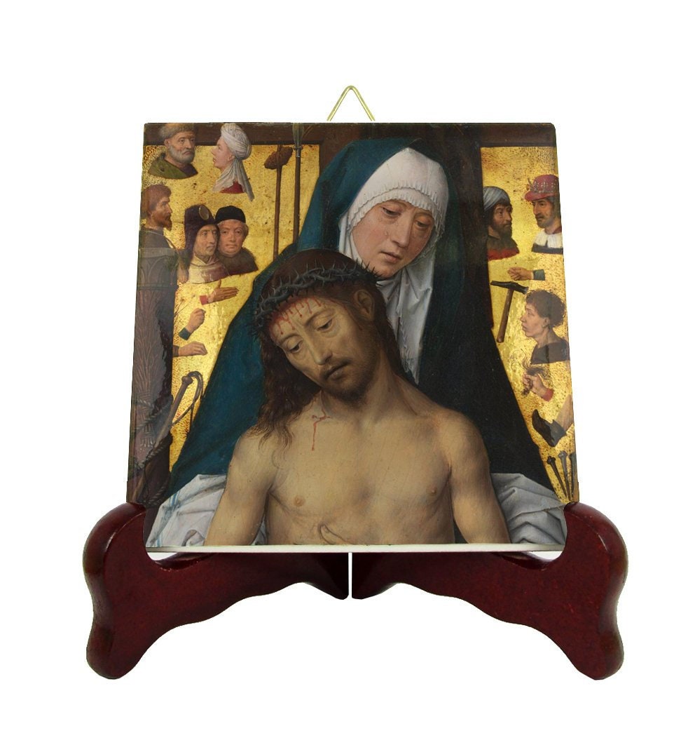 The Man Of Sorrows in The Arms Blessed Virgin Mary - Icon On Ceramic Tile & Jesus Catholic Easter Devotional Holy Art