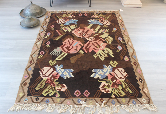 Vintage Floral Kilim, Kilim Rug, Ethnic Rose Design Karabagh Rug/N-910 4'6"x6'7" Feet