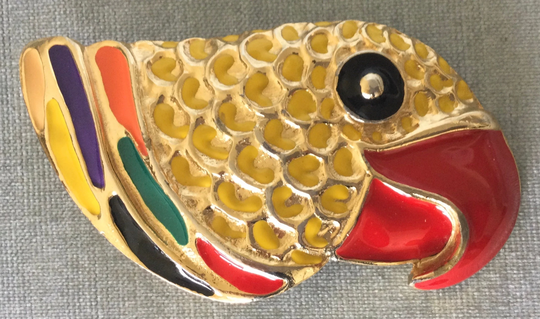 Vibrant Mimi Di N Signed Parrot's Head Multicolor Enamel Belt Buckle Gold Metal Vintage Designer Couture Runway Big Statement Animal Large